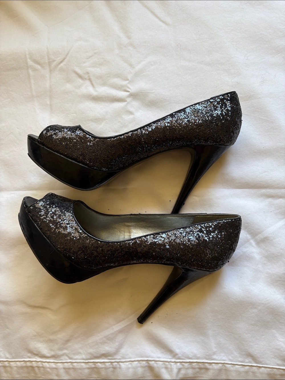 Guess Black Glitter Peep-Toe Platform Stiletto Pumps